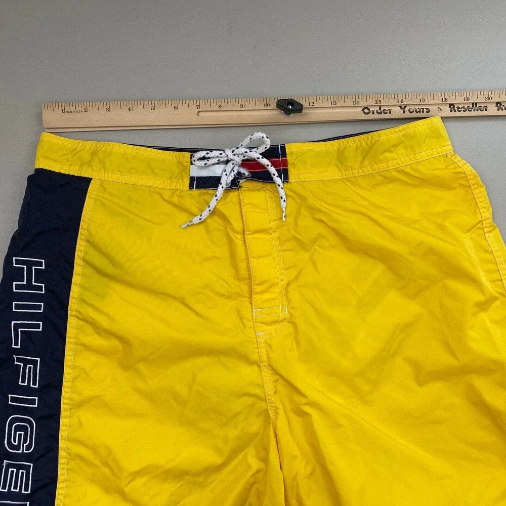 Vintage Tommy Hilfiger Board Shorts Men XL Spell Out Logo Color Block Yellow Y2K